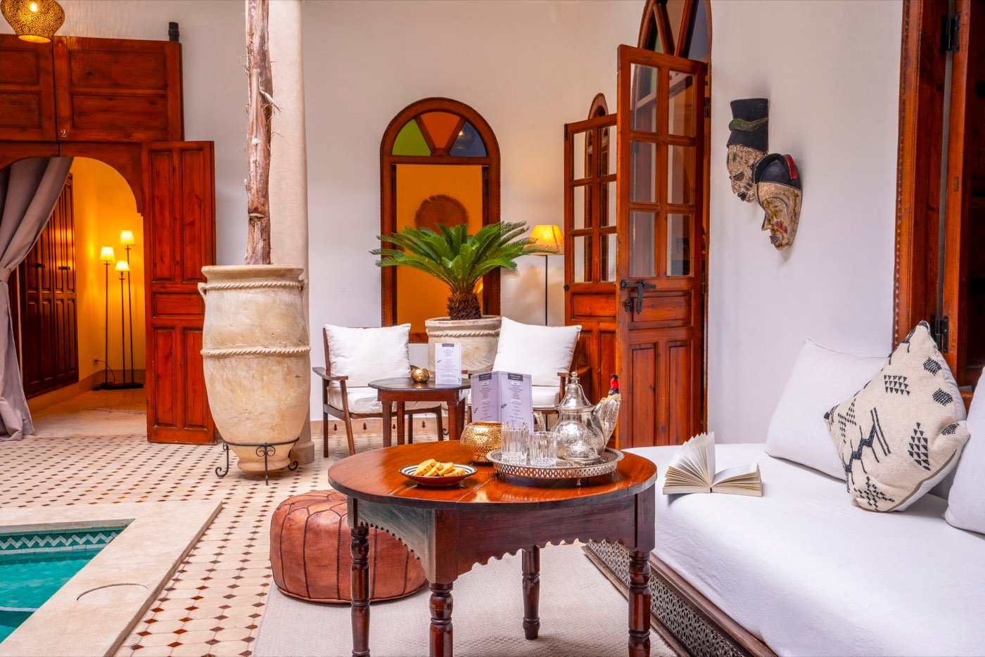 The courtyard salon, with mint tea laid out on a low round table