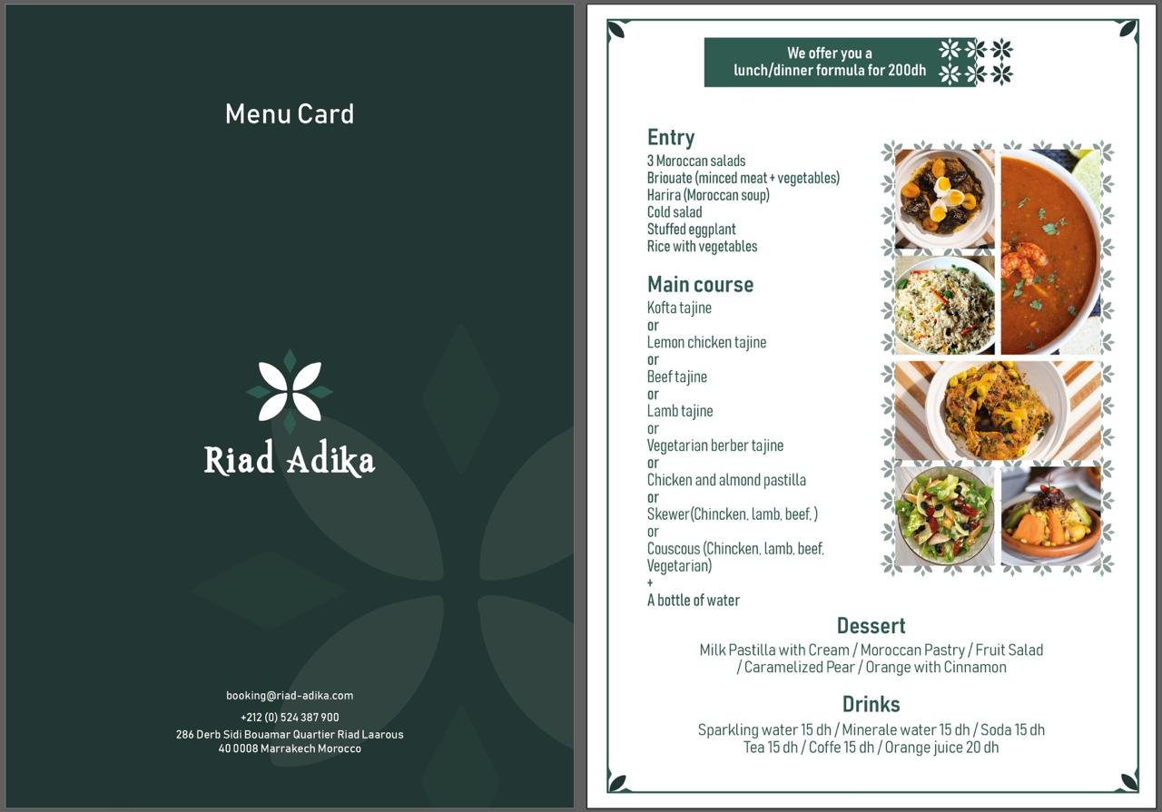The Riad Adika menu card: a set lunch and dinner formula, with Moroccan starters, a choice of tajine, couscous or pastilla, dessert and drinks