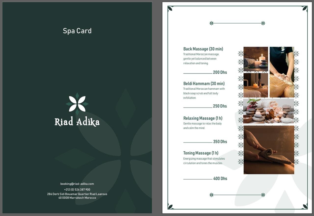 The Riad Adika spa card, listing a back massage, a beldi hammam with black soap scrub, a relaxing massage and a toning massage, with durations and prices