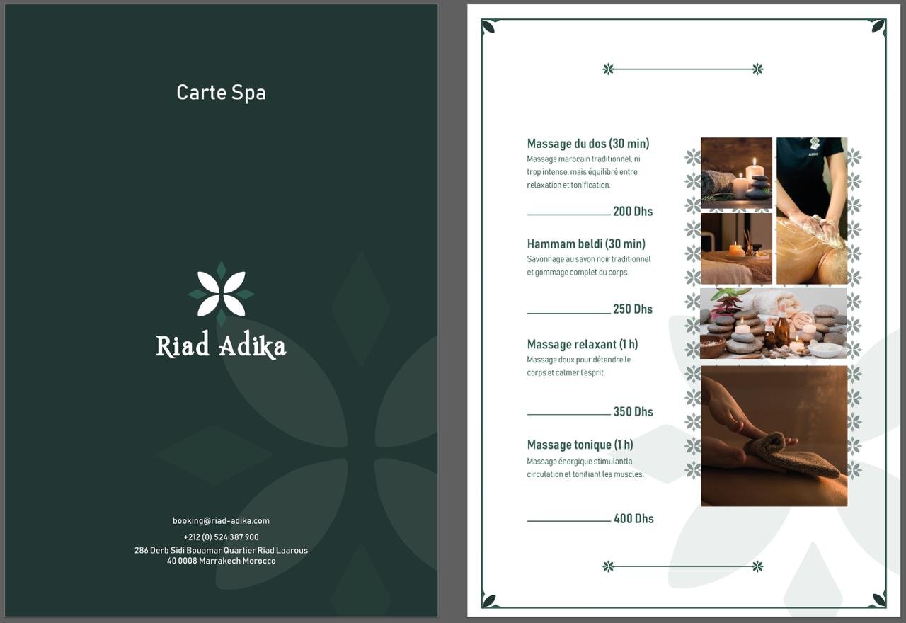 La carte spa du Riad Adika : massage du dos, hammam beldi avec savonnage au savon noir, massage relaxant et massage tonique, avec durées et tarifs